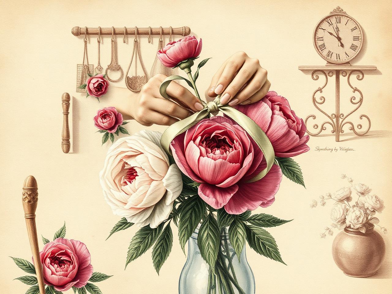 Hands tying a ribbon around a peony bouquet in the workshop